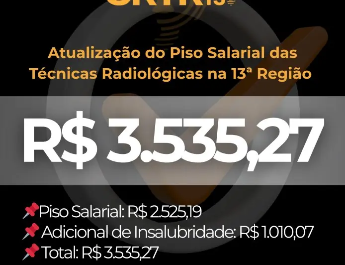 CRTR 13 divulga atualização do Piso Salarial das Técnicas Radiológicas da 13ª Região