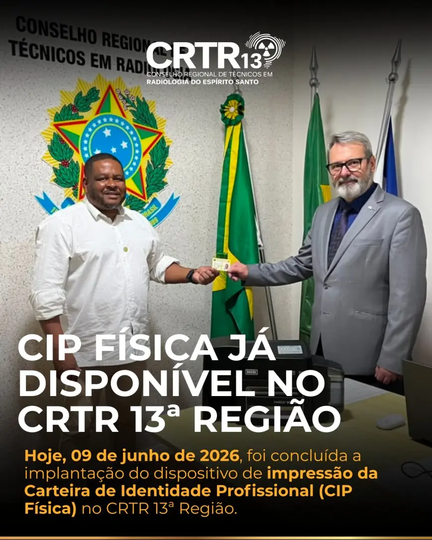 CIP Física já está disponível para os profissionais registrados no CRTR 13ª Região