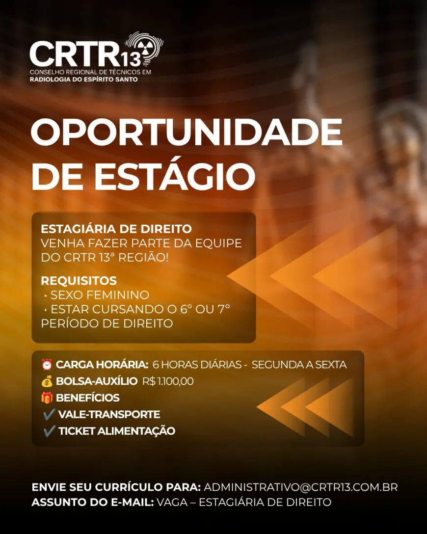 O CRTR 13ª Região está com oportunidade aberta para Estagiária de Direito!