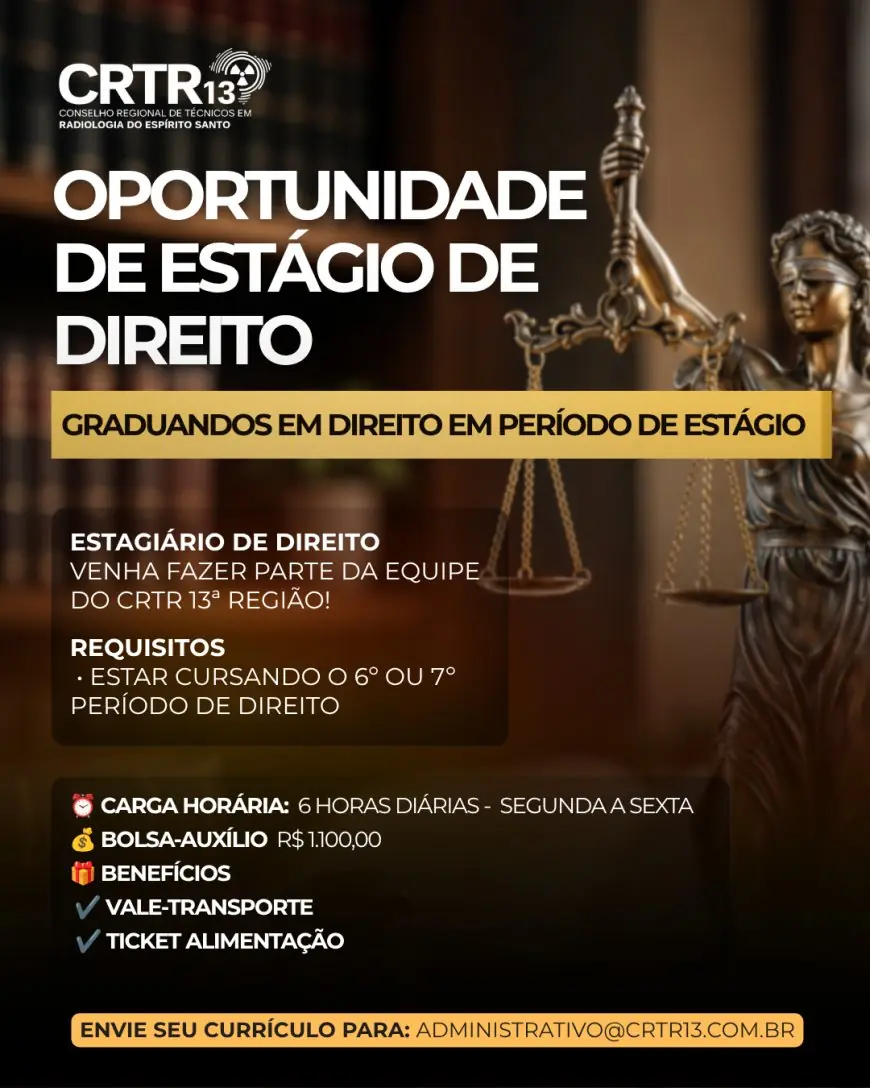 O CRTR 13ª Região está com oportunidade aberta para Estagiário de Direito!